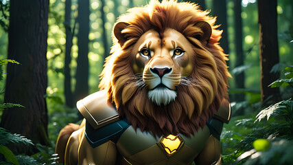 Wall Mural - Superhero lion in the forest, Generative AI