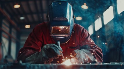 Poster - A man in a red jacket is working on a piece of metal with a welding torch