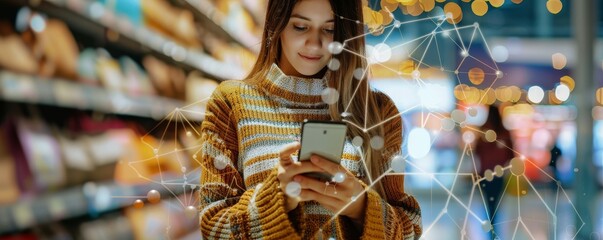 Woman using smartphone with futuristic network overlay in supermarket