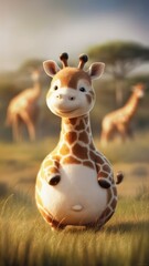 Wall Mural - A cartoon giraffe with a big belly standing in the grass, AI