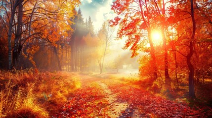 Vivid autumn deciduous forest  sunny day reveals stunning colors and detailed trees