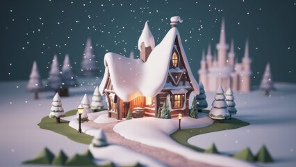 Canvas Print - A 3d model of a small house with snow on the ground, AI