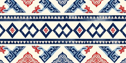 Wall Mural - pattern with blue and white stripes, red triangles and geometric shapes Generative AI