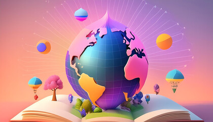 Wall Mural - magic book with world