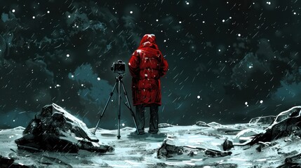 A photographer stands in the snow, with a camera on a tripod, looking up at the night sky.