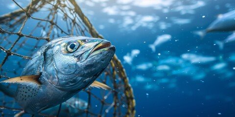 Close-up of a fish caught in a net underwater, highlighting the fishing industry, marine life, and ocean wildlife, showcasing the capture and survival aspects of sea creatures, Gernerative AI