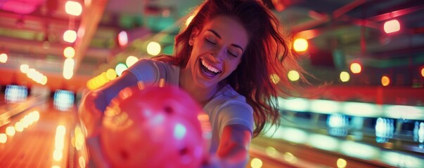 Happy friends are playing bowling in interior and enjoy it, sport active lifestyle banner. Generative Ai.