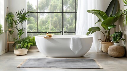 Wall Mural - Modern bathroom with tub, plants, and soft gray rug