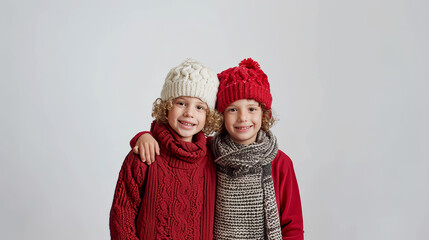 Wall Mural - Two little boys in winter hats and sweaters at white background. The kids with curly hair. Close up, copy space.