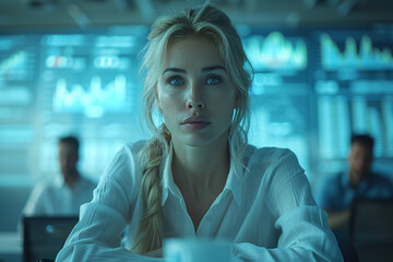 Poster - a businesswoman giving a presentation in a boardroom. concept of leadership and corporate strategy. 