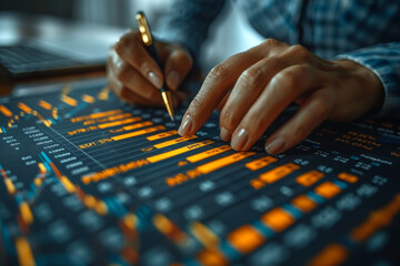 Poster - A financial analyst reviewing charts and graphs. Concept of market analysis and business strategy. Generative Ai.