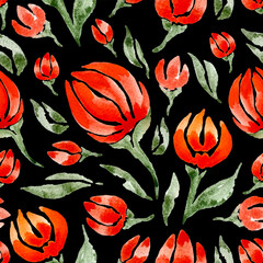 Wall Mural - Watercolor red flowers tulips with green leaves on black background, floral seamless pattern. Vector illustration