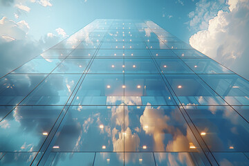 Poster - a corporate headquarters with a modern glass facade. concept of business innovation and architecture