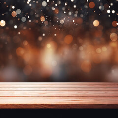 Wood table against bokeh background.