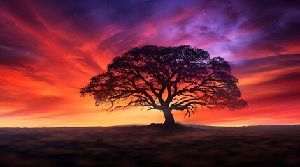 Wall Mural - A Solitary Tree Silhouetted Against a Vivid Sky
