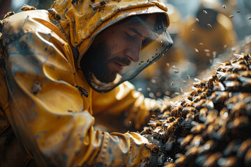 Sticker - A beekeeper tending to a hive full of bees. Concept of care and sustainability. Generative Ai.