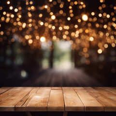 Wall Mural - Wood table against bokeh background.