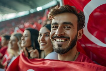 Happy young spectators at a sports event, draped in Turkish flags and enjoying the atmosphere