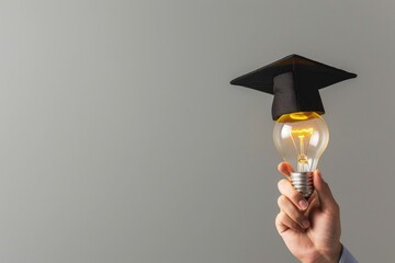 Education and Business Success: Hand Holding Light Bulb with Graduation Hat