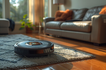 Poster - automatic robotic vacuum navigating around furniture in a minimalist apartment. concept of convenien
