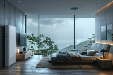 Aufkleber - Wall-mounted air purifier quietly operating in a contemporary bedroom with sleek furniture. Concept of discreet air filtration for better sleep quality. Generative Ai.