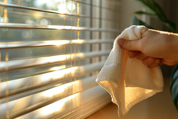 Poster - Window blinds being dusted with a microfiber cloth in a sunlit dining area. Concept of regular household upkeep for a clean and healthy home environment. Generative Ai.