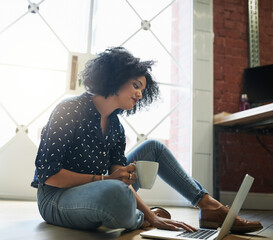 Aufkleber - Woman, typing and serious for working on floor, keyboard and laptop of journalist, research and writing. Home, employee or person with computer, coffee and project of headline of article in apartment