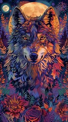 Wall Mural - A colorful wolf with a moon in the background