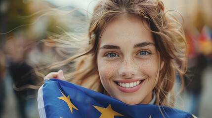 Wall Mural - Young woman holding european union flag in crowd outside
