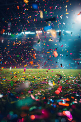 Colorful confetti is falling onto the field of a large stadium after a championship game