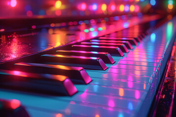 Black and white piano keys against a background of multicolored stage lights. Concept of music and performance art. Generative Ai.