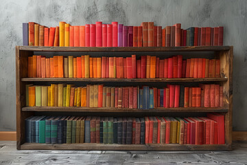 Sticker - Monochrome bookshelf filled with colorful books, standing out against a neutral gray wall. Concept of literacy and interior decoration. Generative Ai.