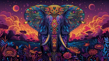 Wall Mural - A colorful elephant is standing in a field of flowers and cacti