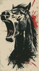 Wall Mural - A horse with its mouth open and red splatters on its face