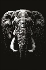 Wall Mural - A black and white drawing of an elephant with a large trunk