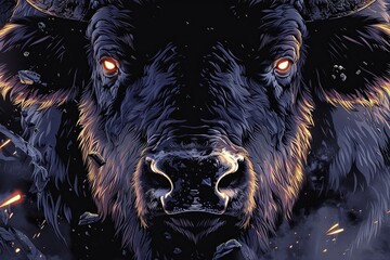 Wall Mural - A black cow with glowing eyes