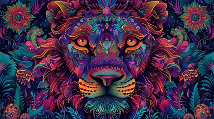 Wall Mural - A colorful painting of a lion with a flowery background