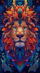Wall Mural - A colorful lion with a blue and green mane and a yellow nose