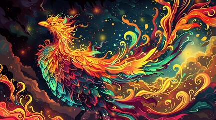 Wall Mural - A colorful bird with a long tail is flying through the sky