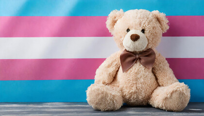 Wall Mural - cute teddy bear sitting on the background of the transgender flag, queer lgbt pride visibility month