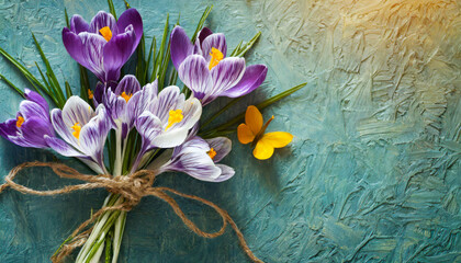 crocus flower bouquet on green beautiful background