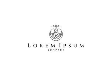 Wall Mural - lighthouse logo with waves in line art design style