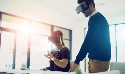 Poster - Man, woman and vr in office with holographic overlay, lines or teamwork for futuristic iot in collaboration. People, augmented reality and glasses for digital transformation or click for metaverse UX