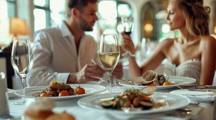 couple in an expensive restaurant in a restaurant in white colors