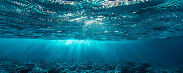 Illuminated ocean floor in a deep blue sea with sunlight