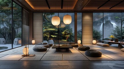 Wall Mural - This image showcases a serene and minimalist Asian-influenced living room, featuring clean lines and neutral tones, creating a tranquil and elegant space that radiates simplicity and harmony.