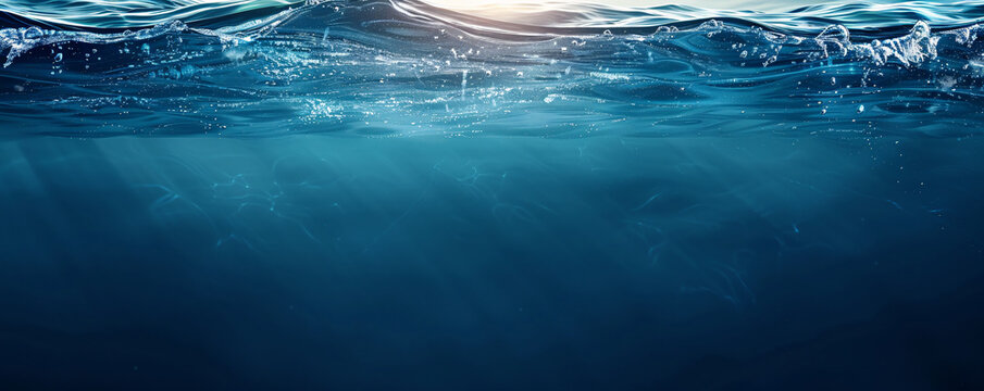 Sunlight illuminates the depths of a clear blue ocean with gentle waves crashing on the surface