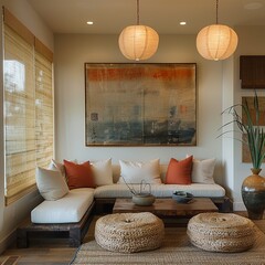 Wall Mural - This image showcases a serene and minimalist Asian-influenced living room, featuring clean lines and neutral tones, creating a tranquil and elegant space that radiates simplicity and harmony.