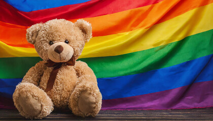 cute teddy bear sitting on lgbt flag background, queer gay lgbtqia pride visibility month, summer june