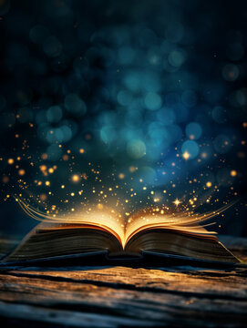 Magic open book on dark background with glitter lights